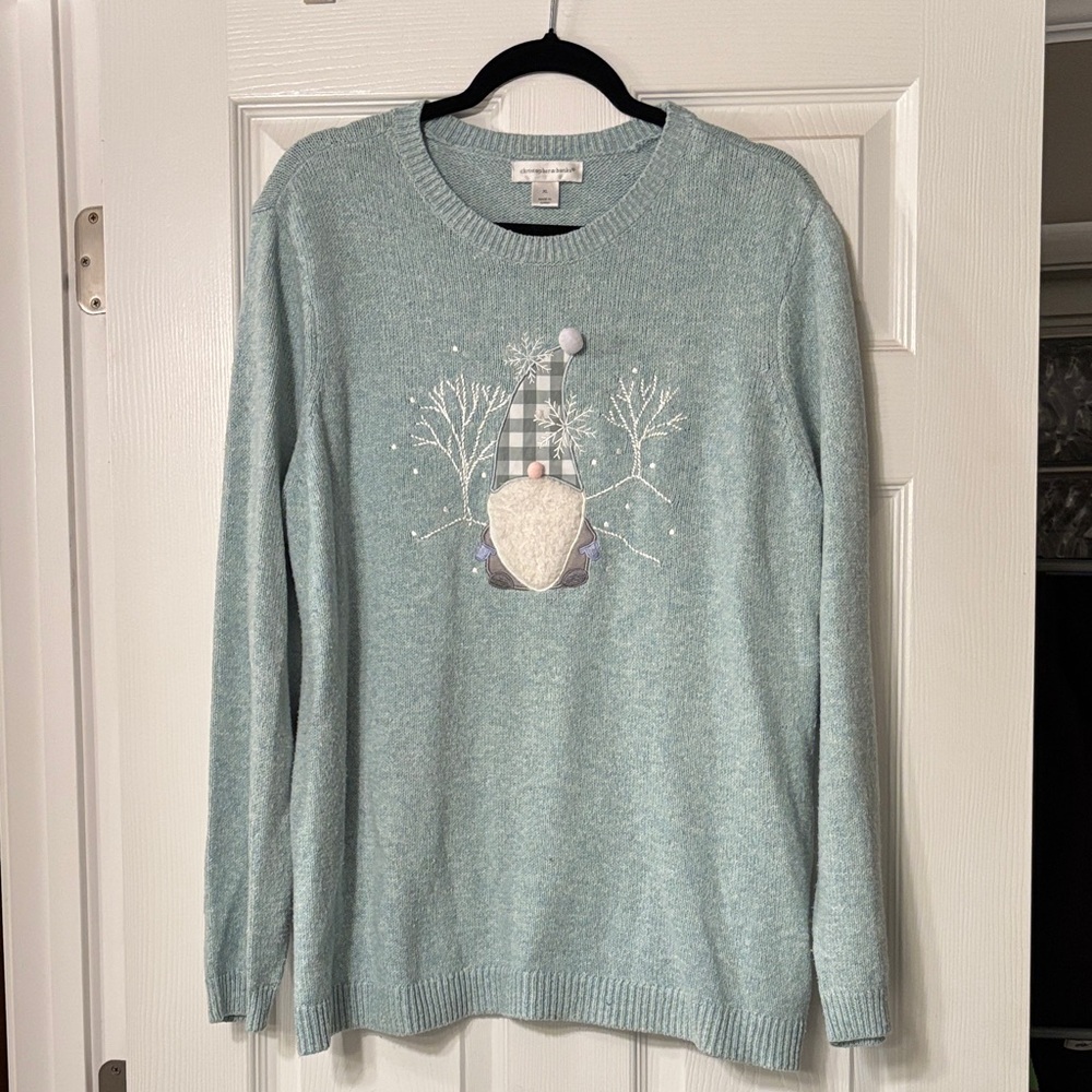 Christopher & Banks Light Teal Gnome Crewneck Sweater